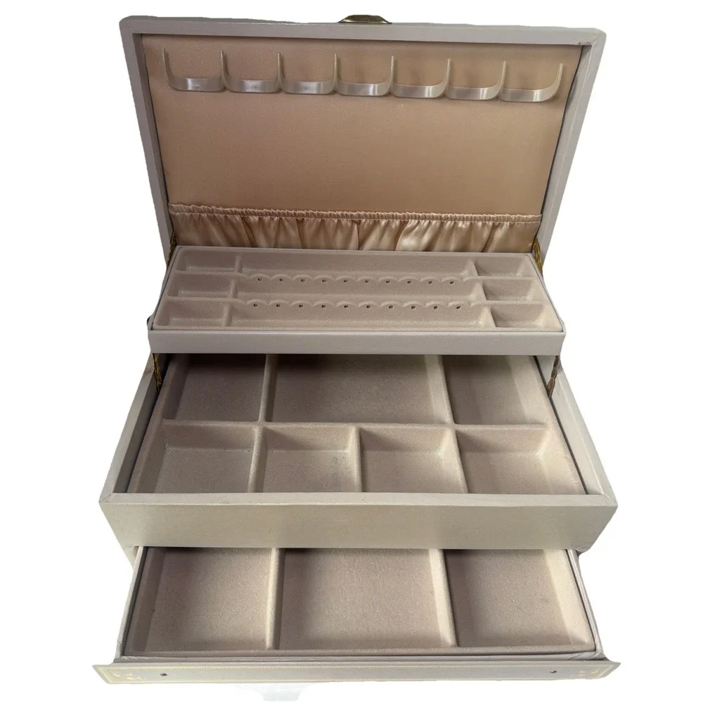 Vintage Mele 3-tier Jewelry Box Gold Trim/Cream With Taupe Interior